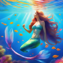 A beautiful mermaid swimming gracefully in the clear blue ocean, surrounded by colorful coral reefs and vibrant sea life