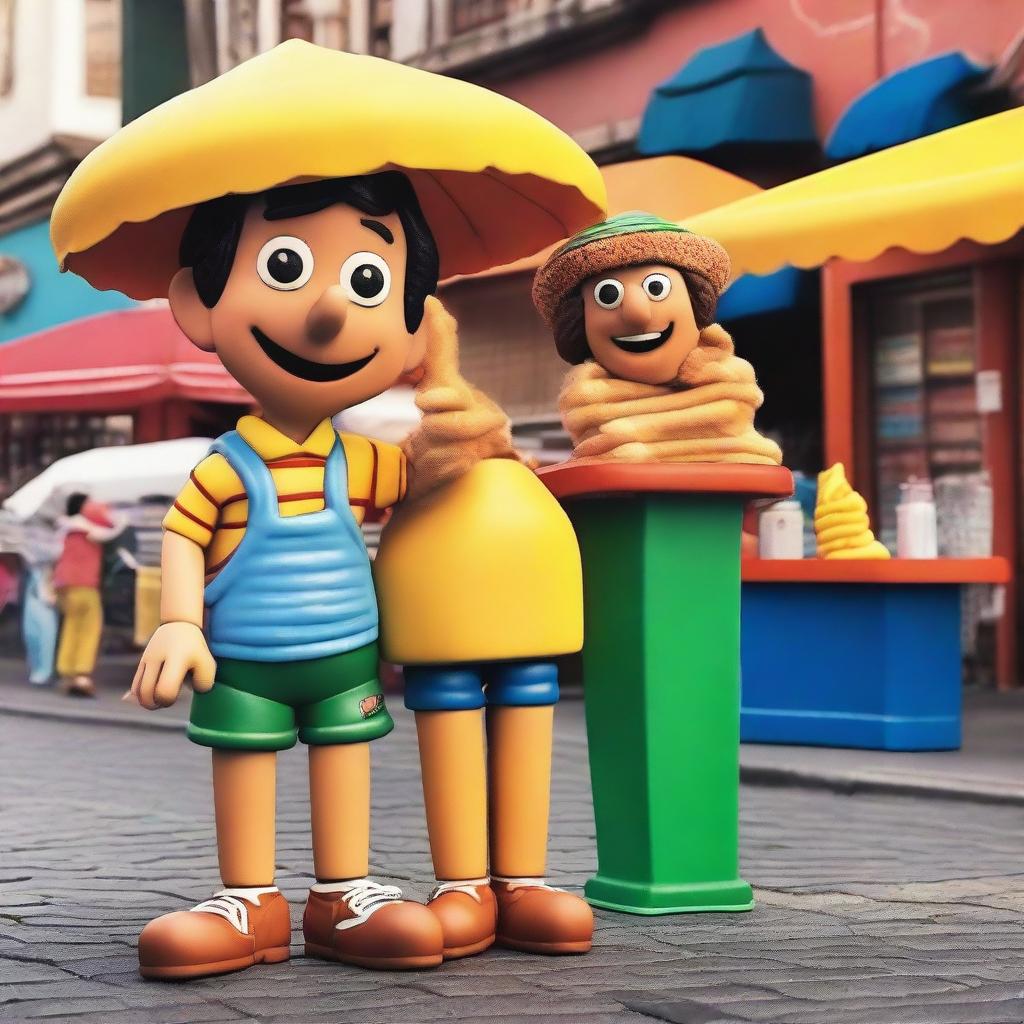 Chavo del Ocho, a beloved character from the classic Mexican TV show, is seen paying for his churro from a street vendor