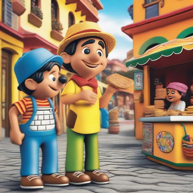 Chavo del Ocho, a beloved character from the classic Mexican TV show, is seen paying for his churro from a street vendor