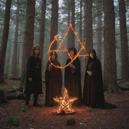 A fiery pentagram nestled in a nocturnal cypress forest, with three teenage boys and a girl in ritualistic attire surrounding it.