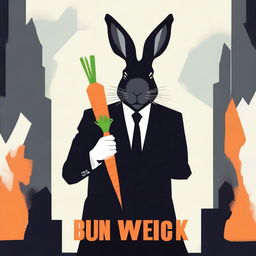 Create a movie poster for 'Bun Wick', a humorous take on John Wick, featuring a rabbit in a sleek black suit holding a carrot like a weapon