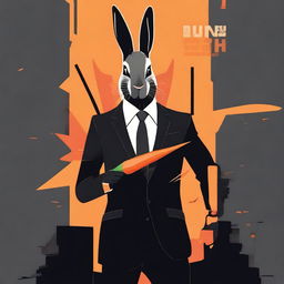 Create a movie poster for 'Bun Wick', a humorous take on John Wick, featuring a rabbit in a sleek black suit holding a carrot like a weapon