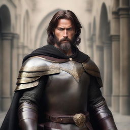 A well-built man with white skin, a beard, and brown hair, wearing leather armor with gold details and a short black cape