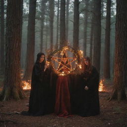 A fiery pentagram nestled in a nocturnal cypress forest, with three teenage boys and a girl in ritualistic attire surrounding it.