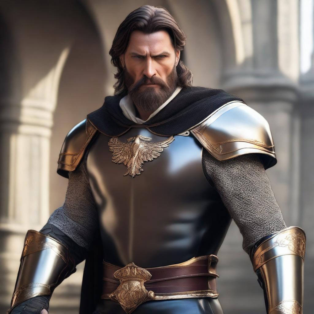 A well-built man with white skin, a beard, and brown hair, wearing leather armor with gold details and a short black cape