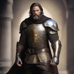 A well-built man with white skin, a beard, and brown hair, wearing leather armor with gold details and a short black cape