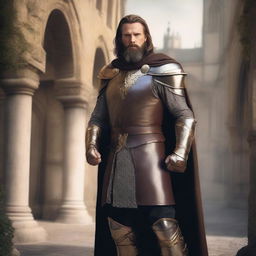 A well-built man with white skin, a beard, and brown hair, wearing leather armor with gold details, a short black cape, and a bayleaf gold crown