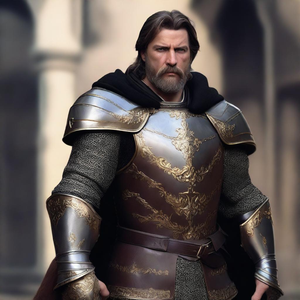 A well-built man with white skin, a beard, and brown hair, wearing leather armor with gold details, a short black cape, and a bayleaf gold crown