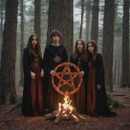 A fiery pentagram nestled in a nocturnal cypress forest, with three teenage boys and a girl in ritualistic attire surrounding it.