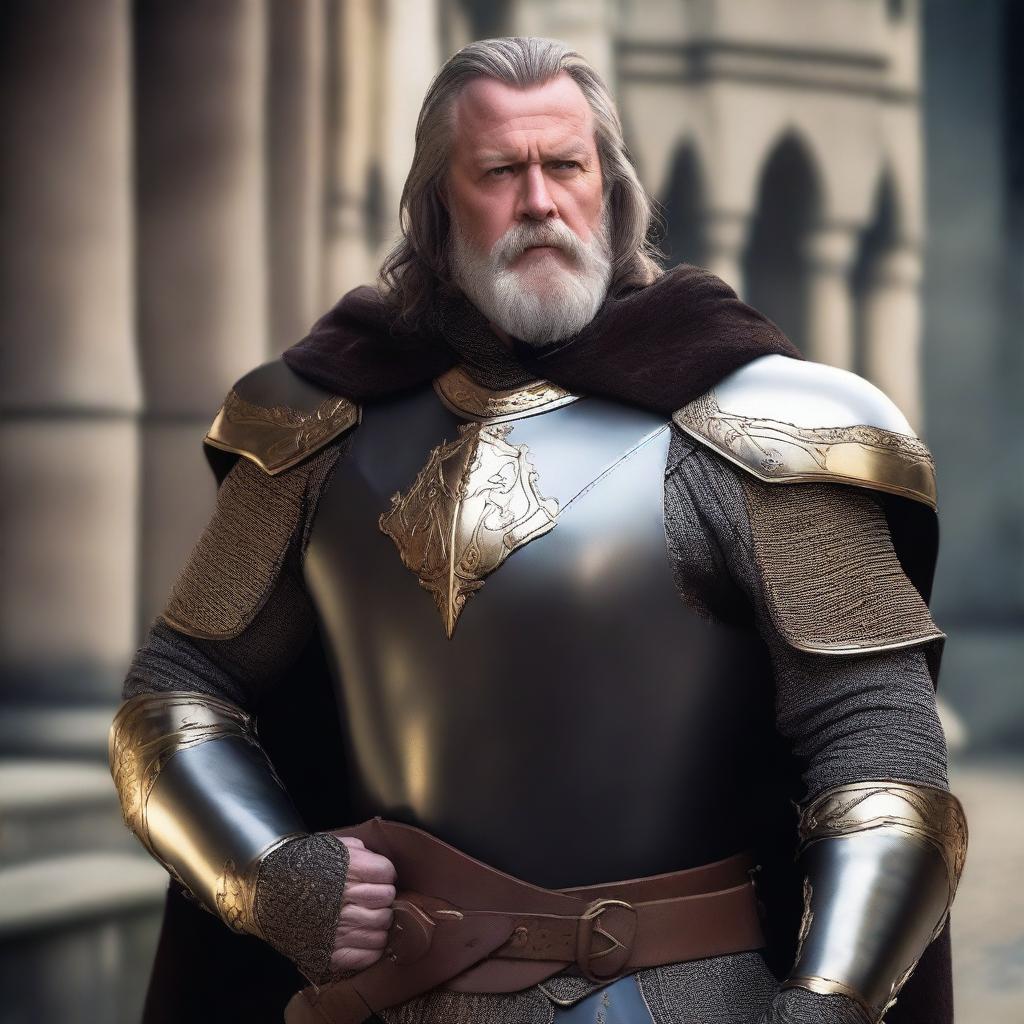 A well-built middle-aged man with white skin, a beard, and brown hair, wearing leather armor with gold details, a short black cape, and a bayleaf gold crown