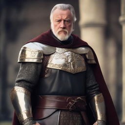 A well-built middle-aged man with white skin, a beard, and brown hair, wearing leather armor with gold details, a short black cape, and a bayleaf gold crown