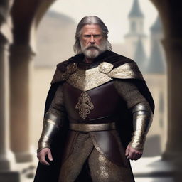 A well-built middle-aged man with white skin, a beard, and brown hair, wearing leather armor with gold details, a short black cape, and a bayleaf gold crown