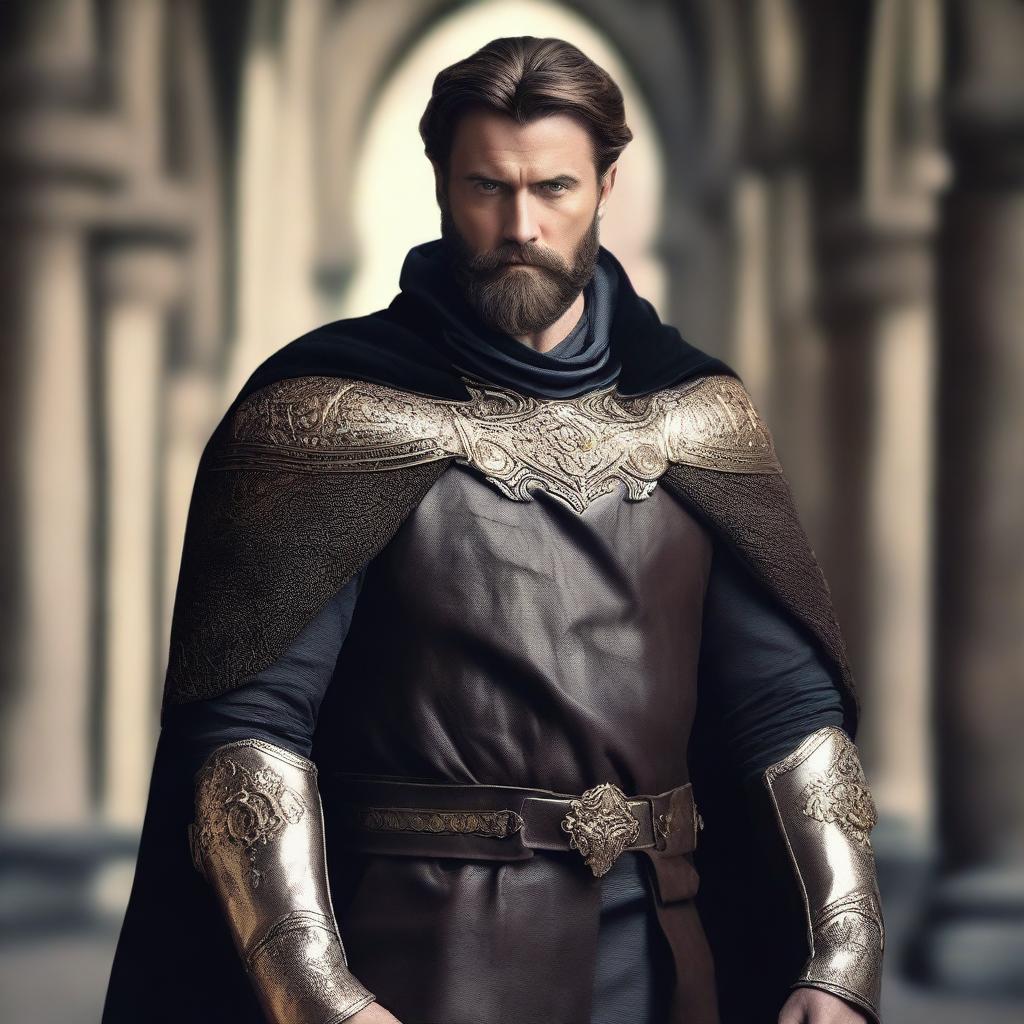 A well-built man with white skin, a beard, and brown hair, wearing leather clothes with gold details, a short black cape, and a bayleaf gold crown