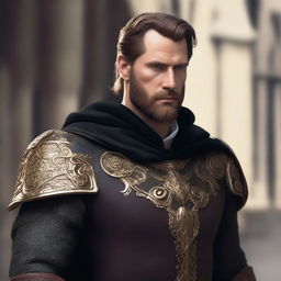 A well-built man with white skin, a beard, and brown hair, wearing leather clothes with gold details, a short black cape, and a bayleaf gold crown