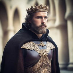 A well-built man with white skin, a beard, and brown hair, wearing leather clothes with gold details, a short black cape, and a bayleaf gold crown