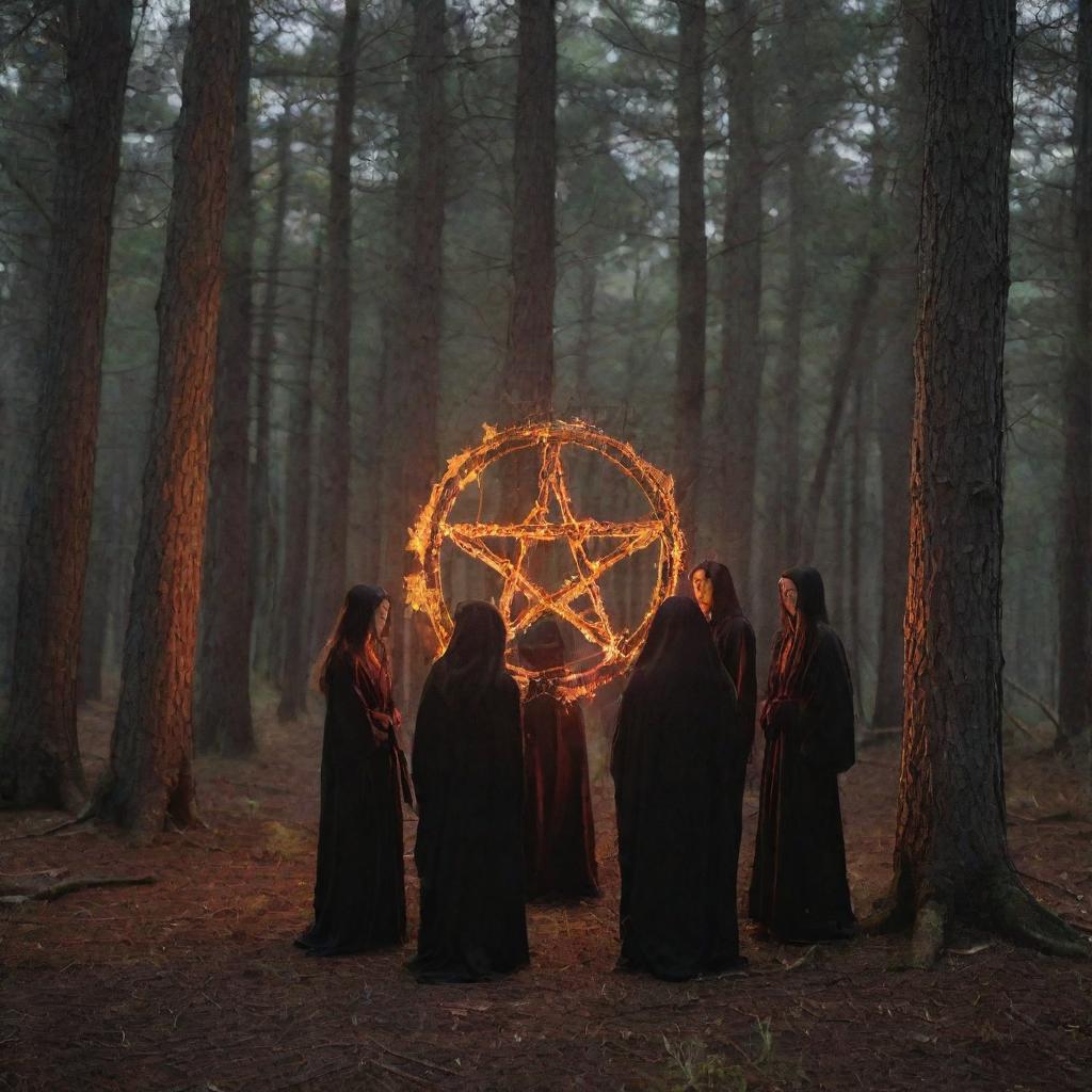 A fiery pentagram nestled in a nocturnal cypress forest, with three teenage boys and a girl in ritualistic attire surrounding it.