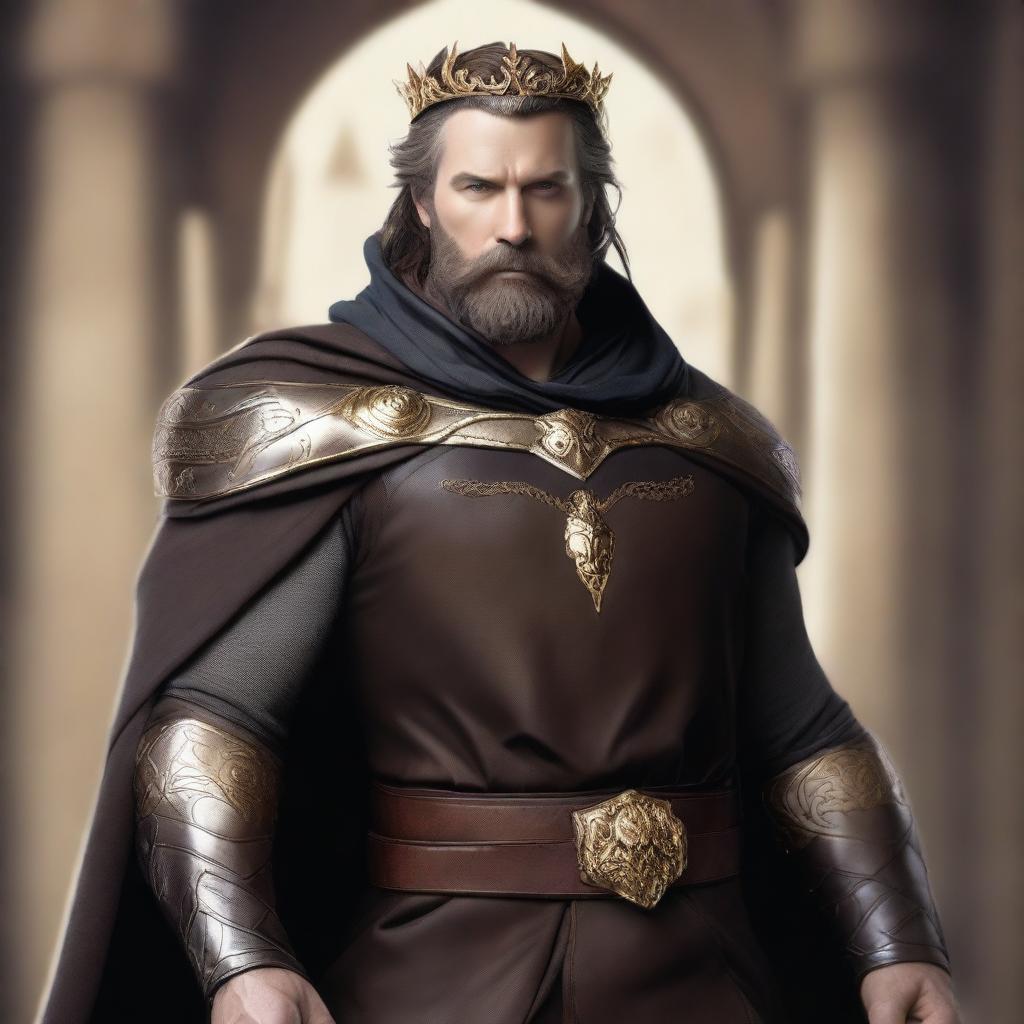 A well-built man with white skin, a beard, and brown hair, wearing leather clothes with gold details, a short black cape, and a bayleaf gold crown