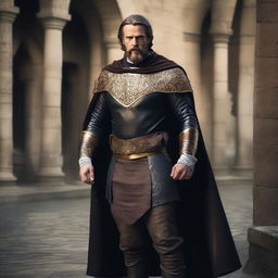 A well-built man with white skin, a beard, and brown hair, wearing leather clothes with gold details, a short black cape, and a bayleaf gold crown