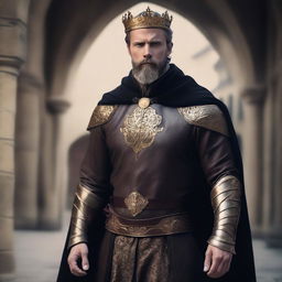 A well-built man with white skin, a beard, and brown hair, wearing leather clothes with gold details, a short black cape, and a bayleaf gold crown