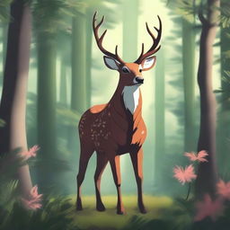 A majestic deerfolk standing in a lush forest, surrounded by tall trees and vibrant flora