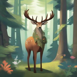 A majestic deerfolk standing in a lush forest, surrounded by tall trees and vibrant flora