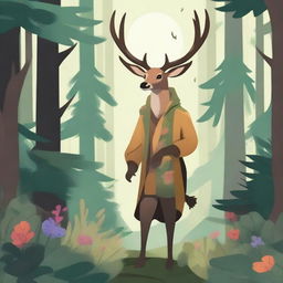 A majestic deerfolk standing in a lush forest, surrounded by tall trees and vibrant flora