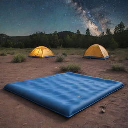 A flat single-person foam sleeping pad product advertisement. The scene is an outdoor campsite under the starry night sky, the mat standing out as an essential piece of camping gear.