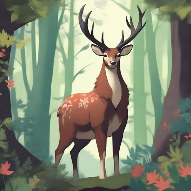 A majestic deerfolk standing in a lush forest, surrounded by tall trees and vibrant flora