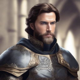 A well-built man with white skin, a beard, and brown hair, standing confidently