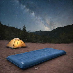 A flat single-person foam sleeping pad product advertisement. The scene is an outdoor campsite under the starry night sky, the mat standing out as an essential piece of camping gear.