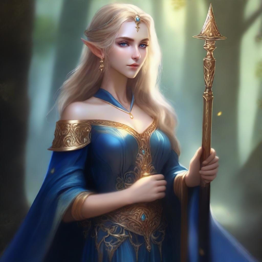 A female elf with toasted gold skin, golden hair, and black eyes, wearing a blue royal tunic