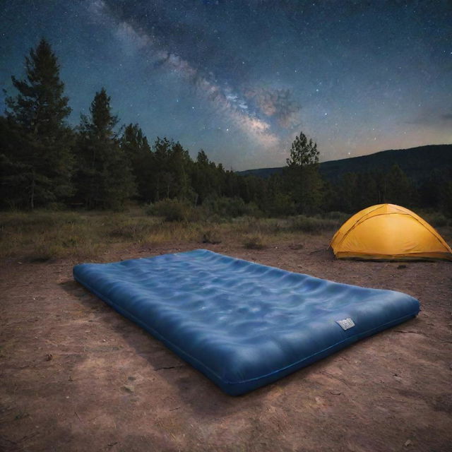 A flat single-person foam sleeping pad product advertisement. The scene is an outdoor campsite under the starry night sky, the mat standing out as an essential piece of camping gear.