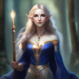 A female elf with toasted gold skin, golden hair, and black eyes, wearing a blue royal tunic