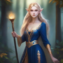 A female elf with toasted gold skin, golden hair, and black eyes, wearing a blue royal tunic