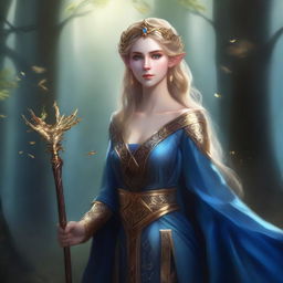 A female elf with toasted gold skin, golden hair, and black eyes, wearing a blue royal tunic