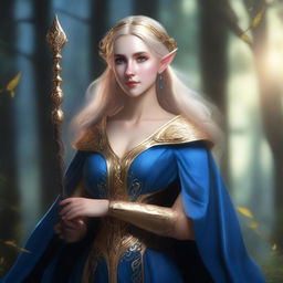 A standing female elf with toasted gold skin, golden hair, and black eyes, wearing a blue royal tunic