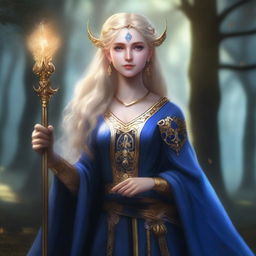 A standing female elf with toasted gold skin, golden hair, and black eyes, wearing a blue royal tunic