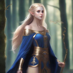 A standing female elf with toasted gold skin, golden hair, and black eyes, wearing a blue royal tunic