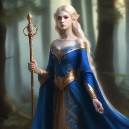 A standing female elf with toasted gold skin, golden hair, and black eyes, wearing a blue royal tunic