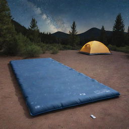 A flat single-person foam sleeping pad product advertisement. The scene is an outdoor campsite under the starry night sky, the mat standing out as an essential piece of camping gear.