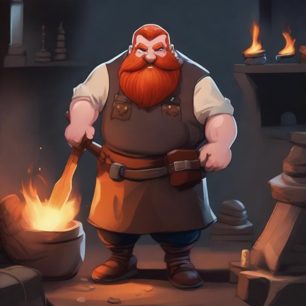 A blacksmith dwarf with red hair and beard, wearing a leather apron and holding a hammer