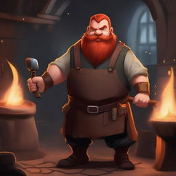 A blacksmith dwarf with red hair and beard, wearing a leather apron and holding a hammer