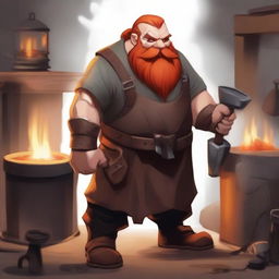 A blacksmith dwarf with red hair and beard, wearing a leather apron and holding a hammer