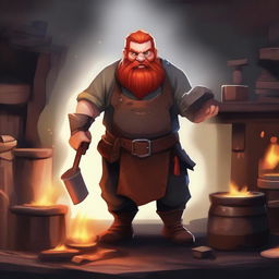 A blacksmith dwarf with red hair and beard, wearing a leather apron and holding a hammer