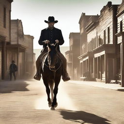 Create a realistic Wild West-inspired image of a man on horseback dressed in black and wearing a black hat