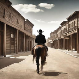 Create a realistic Wild West-inspired image of a man on horseback dressed in black and wearing a black hat