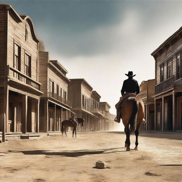 Create a realistic Wild West-inspired image of a man on horseback dressed in black and wearing a black hat