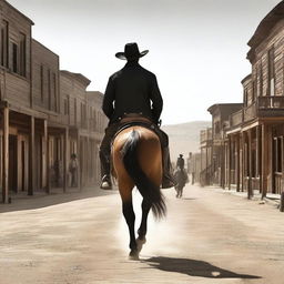 Create a realistic Wild West-inspired image of a man on horseback dressed in black and wearing a black hat