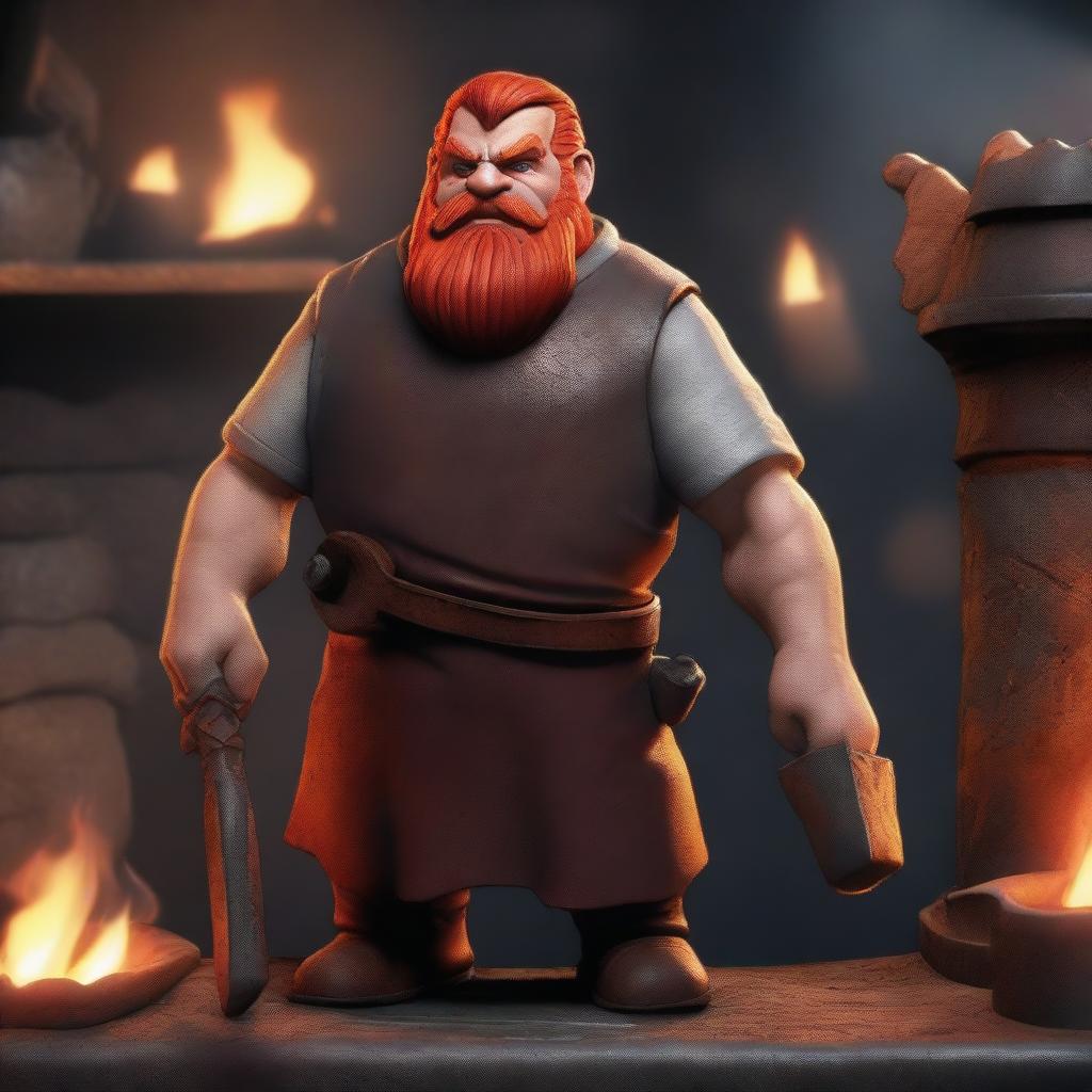 A realistic blacksmith dwarf with red hair and beard, wearing a leather apron and holding a hammer