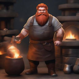 A realistic blacksmith dwarf with red hair and beard, wearing a leather apron and holding a hammer